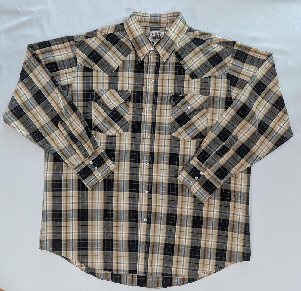 Ely Cattleman Shirt Mens XL Beige Plaid Long Sleeve Western Pearl Snap Pockets